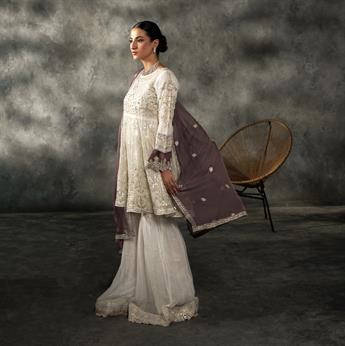 Off White & Twi Light Lavender Sequinned Chiffon Sharara Ladies Readymade