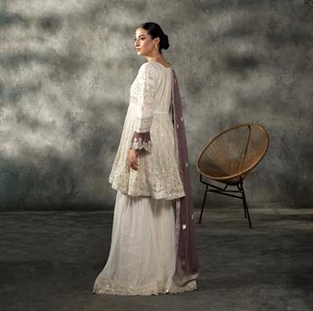 Off White & Twi Light Lavender Sequinned Chiffon Sharara Ladies Readymade