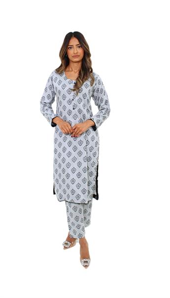 Light Grey Printed Linen Ladies 2 Piece Suit