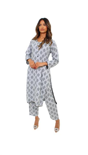 Light Grey Printed Linen Ladies 2 Piece Suit