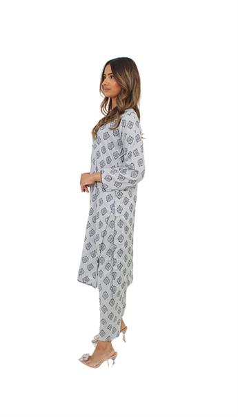 Light Grey Printed Linen Ladies 2 Piece Suit