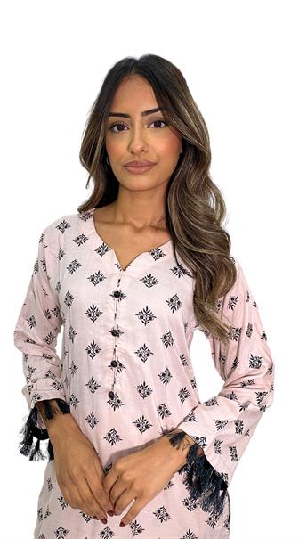 Baby Pink Printed Linen Ladies 2 Piece Suit