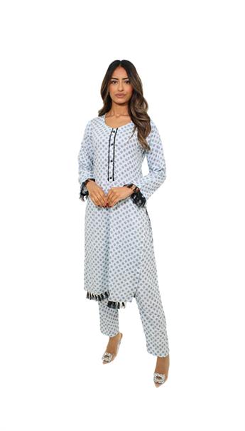 Sky Blue Printed Linen Ladies 2 Piece Suit