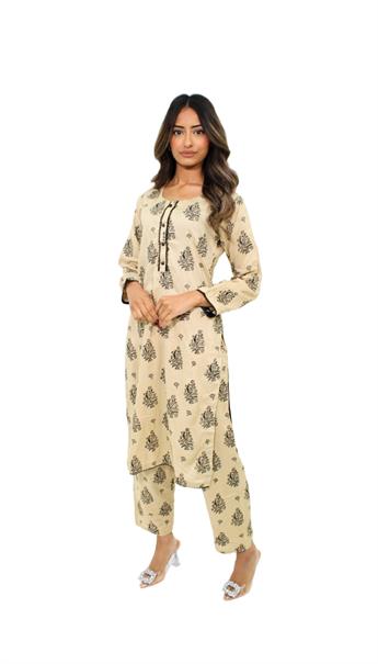 Beige Gold Printed Linen Ladies 2 Piece Suit