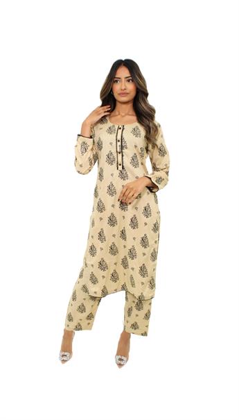 Beige Gold Printed Linen Ladies 2 Piece Suit