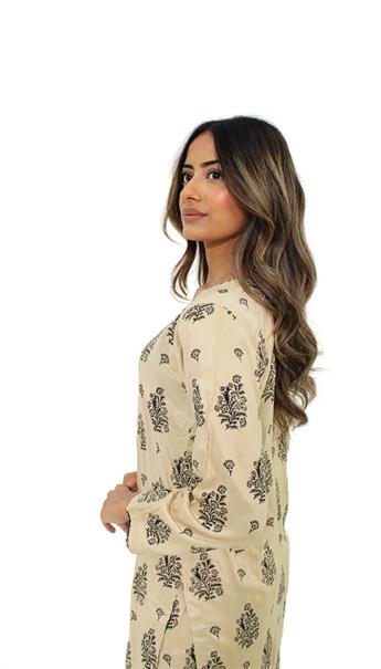 Beige Gold Printed Linen Ladies 2 Piece Suit