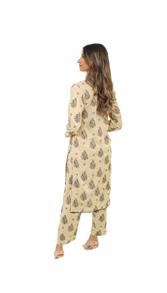 Beige Gold Printed Linen Ladies 2 Piece Suit