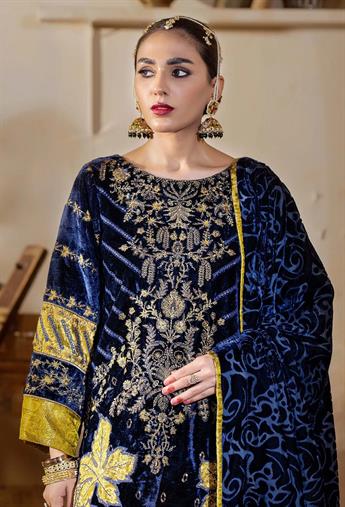 Navy Blue Embroidered Raw Silk Velvet Collection