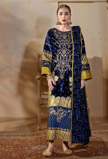 Navy Blue Embroidered Raw Silk Velvet Collection