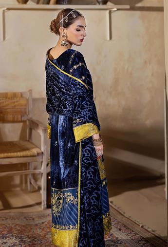 Navy Blue Embroidered Raw Silk Velvet Collection