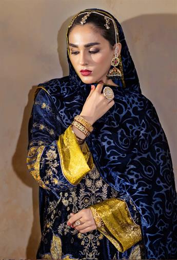 Navy Blue Embroidered Raw Silk Velvet Collection