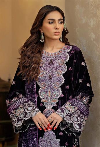 Dark Purple Embroidered Raw Silk Velvet Collection