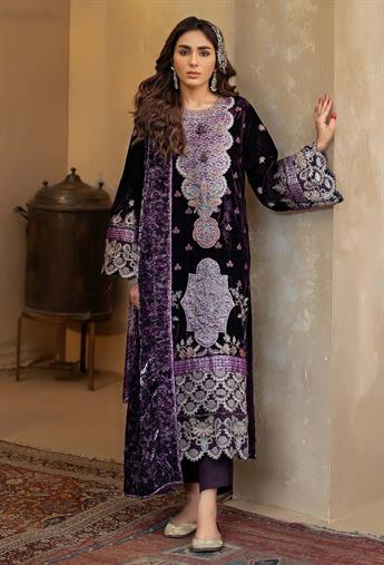 Dark Purple Embroidered Raw Silk Velvet Collection