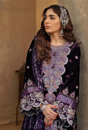 Dark Purple Embroidered Raw Silk Velvet Collection