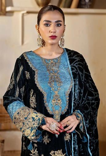 Teal Green Embroidered Raw Silk Velvet Collection
