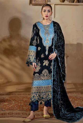 Teal Green Embroidered Raw Silk Velvet Collection