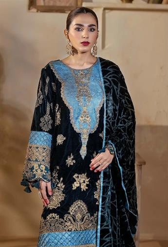 Teal Green Embroidered Raw Silk Velvet Collection