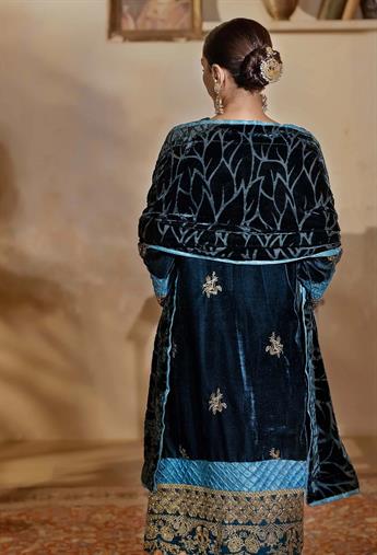 Teal Green Embroidered Raw Silk Velvet Collection