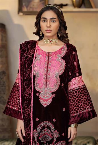 Maroon & Pink Embroidered Raw Silk Velvet Collection