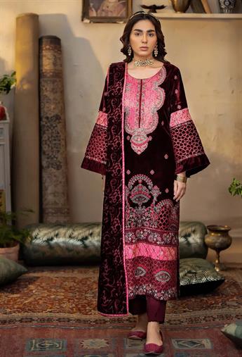 Maroon & Pink Embroidered Raw Silk Velvet Collection