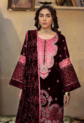 Maroon & Pink Embroidered Raw Silk Velvet Collection