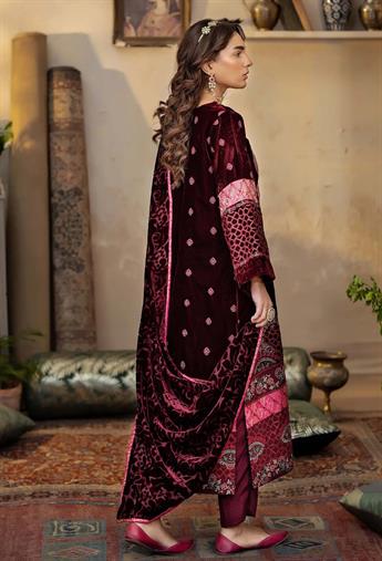 Maroon & Pink Embroidered Raw Silk Velvet Collection