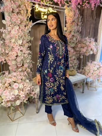 Navy Blue Embroidered Net Party Wear
