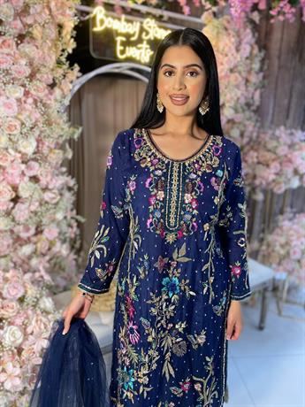Navy Blue Embroidered Net Party Wear