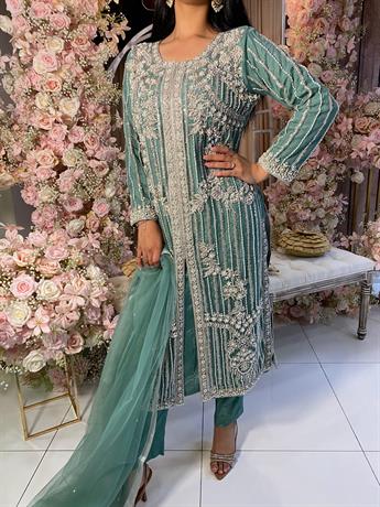Mint Embroidered Net Party Wear