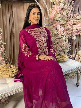 Magenta Embroidered Net Party Wear