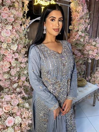 Grey Embroidered Net Party Wear