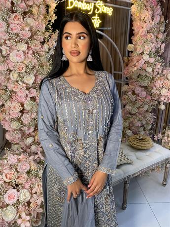 Grey Embroidered Net Party Wear