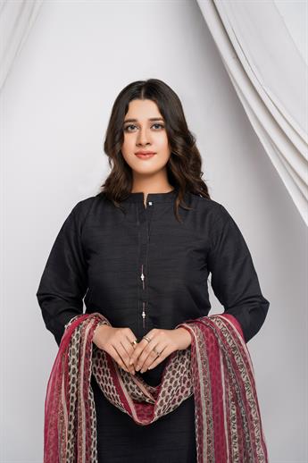 Black Printed Raw Silk 3 Piece