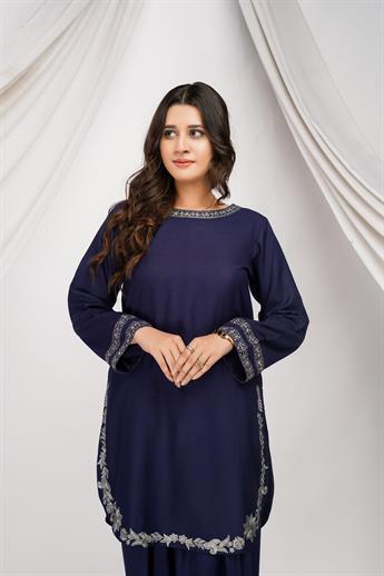 Navy Blue Embroidered Dhanak 2 Piece Suit