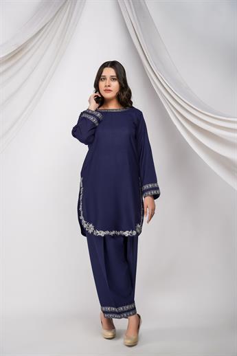 Navy Blue Embroidered Dhanak 2 Piece Suit