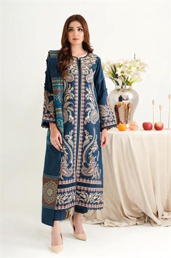 Teal Blue Embroidered Organza Winter Collection
