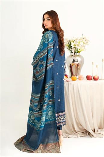 Teal Blue Embroidered Organza Winter Collection