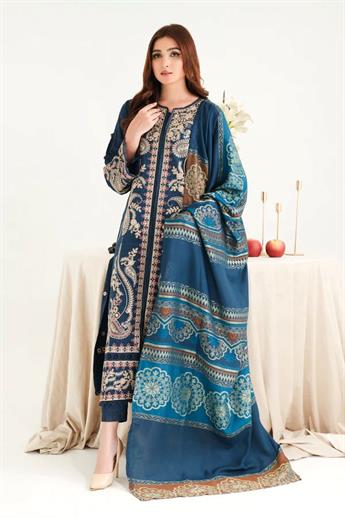 Teal Blue Embroidered Organza Winter Collection