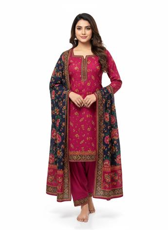 Hot Pink Printed Khaddar Ladies 3 Piece Khadder Suit