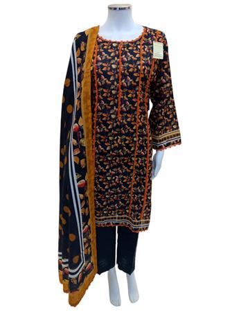 Black & Orange Printed Khaddar Ladies 3 Piece Khadder Suit