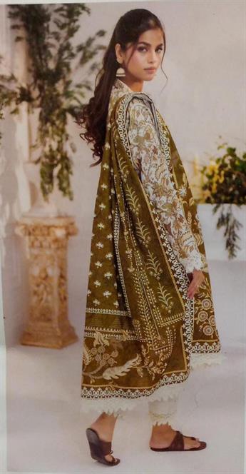 Cream & Olive Printed Khaddar Ladies 3 Piece Khadder Suit