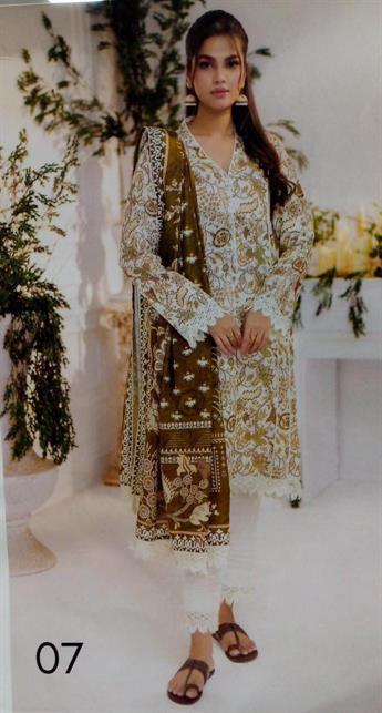 Cream & Olive Printed Khaddar Ladies 3 Piece Khadder Suit
