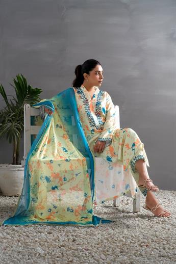 Pistachio Green Mirror Work Raw Silk Ladies Pret