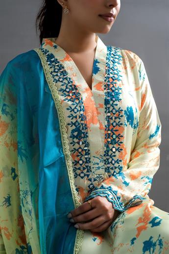 Pistachio Green Mirror Work Raw Silk Ladies Pret