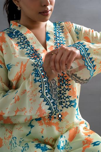 Pistachio Green Mirror Work Raw Silk Ladies Pret