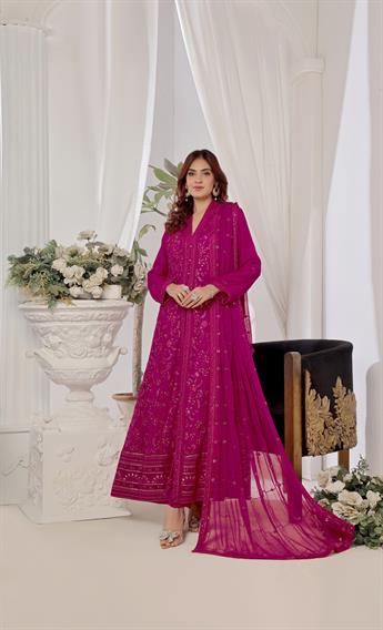 Magenta Raw Silk Ladies Chiffon Embroidered Chikan Kaari Long Dress