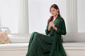 Bottle Green Raw Silk Ladies Chiffon Embroidered Chikan Kaari Long Dresss