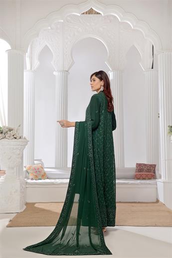 Bottle Green Raw Silk Ladies Chiffon Embroidered Chikan Kaari Long Dresss