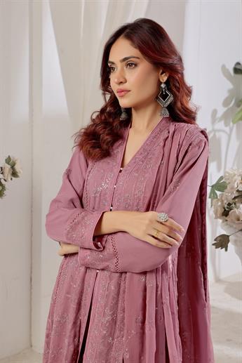 Mauve Pink Raw Silk Ladies Chiffon Embroidered Chikan Kaari Long Dress