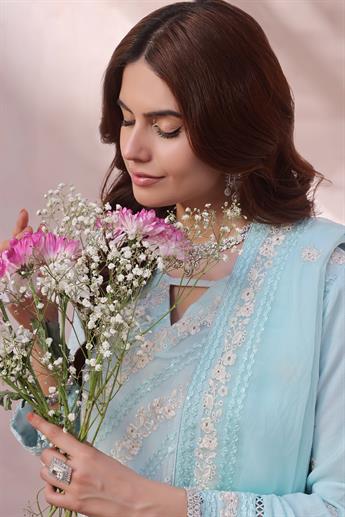 Sky Blue Sequinned Raw Silk Ladies Chiffon Pret